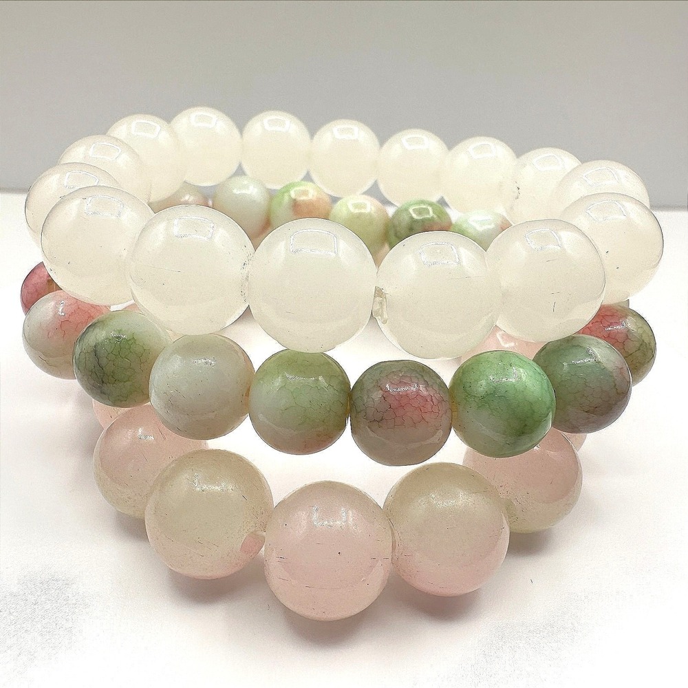 Vintage 80s Beaded Bracelet Set Rose Quartz Prehnite Stretch Womens Jewelry Y2K
